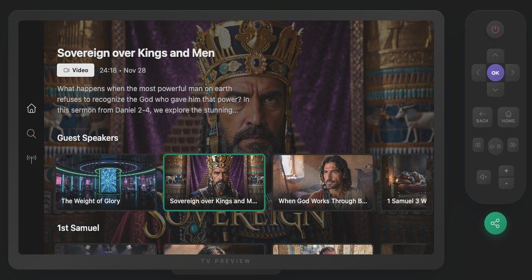 Example TV app showing a featured video, browsable content rows, and an on-screen TV remote.